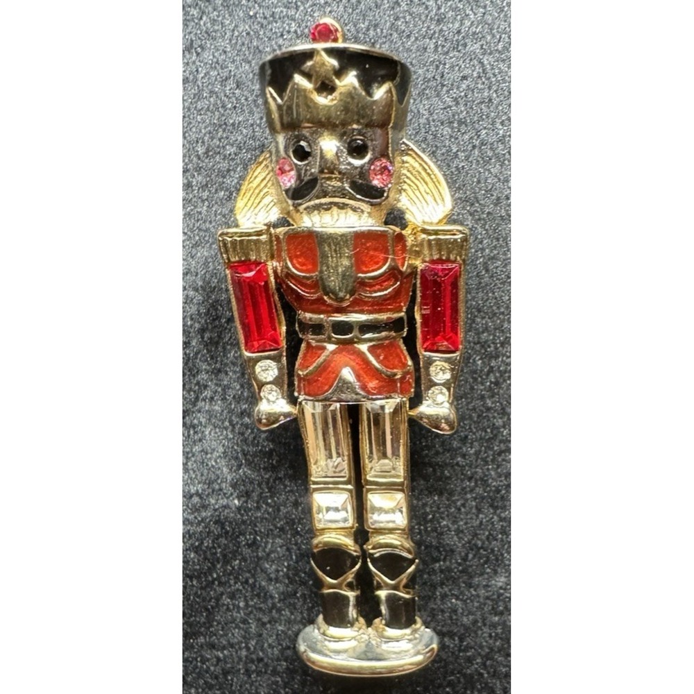 Vintage Nutcracker Soldier Christmas Brooch Red Rhinestones Enamel Signed Monet